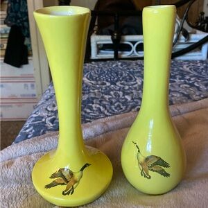 Vintage pair Yellow Ceramic Vases with Goose Design